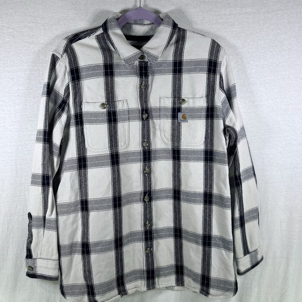 Carhartt Mens Plaid Loose Fit Heavyweight Flannel Button Up Shirt‎ Large White